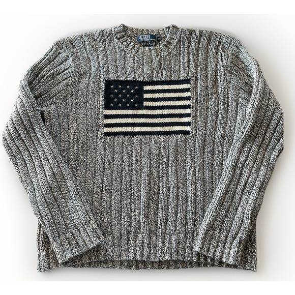 VTG POLO RALPH LAUREN GRAY & Navy AMERICAN FLAG SWEATER XL Americana Preppy 90s - Picture 9 of 9